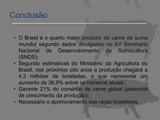 • O Brasil é o quarto maior produtor de carne de suína
mundo( segundo dados divulgados no XV Seminário
Nacional de Desenvolvimento da Suinocultura
(SNDS);
• Segundo estimativas do Ministério da Agricultura do
Brasil, nos próximos oito anos a produção chegará a
4,3 milhões de toneladas, o que representa um
aumento de 36,9% sobre os números atuais;
• Garante 21% do comércio de carne global (potencial
de crescimento da produção);
• Necessário o aprimoramento das raças brasileiras.
Conclusão
 