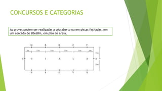 CONCURSOS E CATEGORIAS 
As provas podem ser realizadas a céu aberto ou em pistas fechadas, em 
um cercado de 20x60m, em piso de areia. 
 