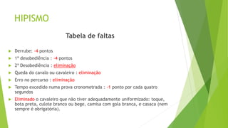 HIPISMO 
Tabela de faltas 
 Derrube: -4 pontos 
 1ª desobediência : -4 pontos 
 2ª Desobediência : eliminação 
 Queda do cavalo ou cavaleiro : eliminação 
 Erro no percurso : eliminação 
 Tempo excedido numa prova cronometrada : -1 ponto por cada quatro 
segundos 
 Eliminado o cavaleiro que não tiver adequadamente uniformizado: toque, 
bota preta, culote branco ou bege, camisa com gola branca, e casaca (nem 
sempre é obrigatória). 
 