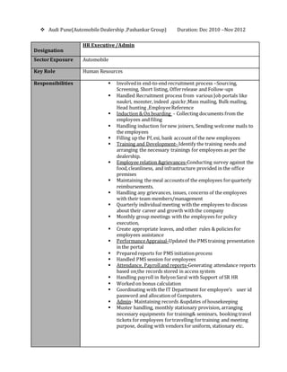  Audi Pune(Automobile Dealership ,Pashankar Group) Duration: Dec 2010 –Nov 2012
Designation
HR Executive/Admin
SectorExposure Automobile
Key Role Human Resources
Responsibilities  Involvedin end-to-end recruitment process –Sourcing,
Screening, Short listing, Offerrelease and Follow-ups
 Handled Recruitment process from various Job portals like
naukri, monster, indeed ,quickr,Mass mailing, Bulk mailing,
Head hunting ,EmployeeReference
 Induction & On boarding - Collecting documents from the
employees and filing
 Handling induction fornew joiners, Sending welcome mails to
the employees
 Filling up the Pf,esi, bank accountof the new employees
 Training and Development- Identify the training needs and
arranging the necessary trainings for employees as per the
dealership.
 Employee relation &grievances-Conducting survey against the
food,cleanliness, and infrastructure provided in the office
premises
 Maintaining the meal accountsof the employees forquarterly
reimbursements.
 Handling any grievances, issues, concerns of the employees
with their team members/management
 Quarterly individual meeting withthe employees to discuss
about their career and growth withthe company
 Monthly group meetings withthe employees for policy
execution,
 Create appropriate leaves, and other rules & policies for
employees assistance
 PerformanceAppraisal-Updated the PMS training presentation
in the portal
 Prepared reports for PMS initiation process
 Handled PMS session for employees
 Attendance, Payrolland reports-Generating attendance reports
based on the records stored in access system
 Handling payroll in RelyonSaral with Support of SR HR
 Worked on bonus calculation
 Coordinating with the IT Department for employee’s user id
password and allocation of Computers.
 Admin- Maintaining records &updates of housekeeping
 Muster handling, monthly stationary provision, arranging
necessary equipments for training& seminars, booking travel
tickets foremployees fortravelling fortraining and meeting
purpose, dealing with vendors for uniform, stationary etc.
 