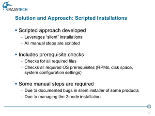 27
 Scripted approach developed
– Leverages “silent” installations
– All manual steps are scripted
 Includes prerequisite checks
– Checks for all required files
– Checks all required OS prerequisites (RPMs, disk space,
system configuration settings)
 Some manual steps are required
– Due to documented bugs in silent installer of some products
– Due to managing the 2-node installation
Solution and Approach: Scripted Installations
 