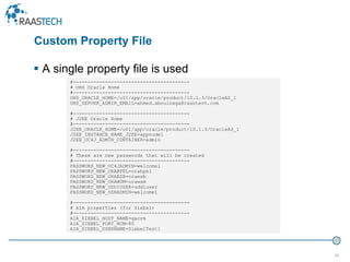 28
 A single property file is used
#----------------------------------------
# OHS Oracle Home
#----------------------------------------
OHS_ORACLE_HOME=/u01/app/oracle/product/10.1.3/OracleAS_1
OHS_SERVER_ADMIN_EMAIL=ahmed.aboulnaga@raastech.com
#----------------------------------------
# J2EE Oracle Home
#----------------------------------------
J2EE_ORACLE_HOME=/u01/app/oracle/product/10.1.3/OracleAS_1
J2EE_INSTANCE_NAME_J2EE=appnode1
J2EE_OC4J_ADMIN_CONTAINER=admin
#----------------------------------------
# These are new passwords that will be created
#----------------------------------------
PASSWORD_NEW_OC4JADMIN=welcome1
PASSWORD_NEW_ORABPEL=orabpel
PASSWORD_NEW_ORAESB=oraesb
PASSWORD_NEW_ORAWSM=orawsm
PASSWORD_NEW_UDDIUSER=uddiuser
PASSWORD_NEW_OSRADMIN=welcome1
#----------------------------------------
# AIA properties (for Siebel)
#----------------------------------------
AIA_SIEBEL_HOST_NAME=qacrm
AIA_SIEBEL_PORT_NUM=80
AIA_SIEBEL_USERNAME=SiebelTest1
Custom Property File
 