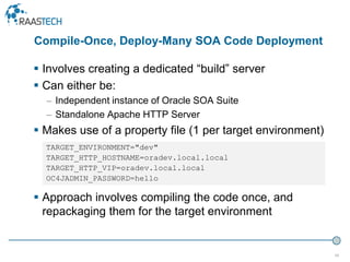 46
 Involves creating a dedicated “build” server
 Can either be:
– Independent instance of Oracle SOA Suite
– Standalone Apache HTTP Server
 Makes use of a property file (1 per target environment)
 Approach involves compiling the code once, and
repackaging them for the target environment
Compile-Once, Deploy-Many SOA Code Deployment
TARGET_ENVIRONMENT="dev"
TARGET_HTTP_HOSTNAME=oradev.local.local
TARGET_HTTP_VIP=oradev.local.local
OC4JADMIN_PASSWORD=hello
 