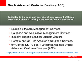 50
Dedicated to the continual operational improvement of Oracle
solutions and to maximizing the value of Oracle investments.
Oracle Advanced Customer Services (ACS)
http://www.oracle.com/support/advanced-customer-services/index.html
• Solution Lifecycle Management Services
• Database and Application Management Services
• Industry-specific Solution Support Centers
• Remote and On-Site Assisted and Expert Services
• 94% of the S&P Global 100 companies use Oracle
Advanced Customer Services (ACS)
 