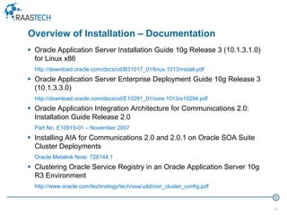 23
 Oracle Application Server Installation Guide 10g Release 3 (10.1.3.1.0)
for Linux x86
http://download.oracle.com/docs/cd/B31017_01/linux.1013/install.pdf
 Oracle Application Server Enterprise Deployment Guide 10g Release 3
(10.1.3.3.0)
http://download.oracle.com/docs/cd/E10291_01/core.1013/e10294.pdf
 Oracle Application Integration Architecture for Communications 2.0:
Installation Guide Release 2.0
Part No. E10919-01 – November 2007
 Installing AIA for Communications 2.0 and 2.0.1 on Oracle SOA Suite
Cluster Deployments
Oracle Metalink Note: 728144.1
 Clustering Oracle Service Registry in an Oracle Application Server 10g
R3 Environment
http://www.oracle.com/technology/tech/soa/uddi/osr_cluster_config.pdf
Overview of Installation – Documentation
 