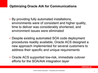 55
Optimizing Oracle AIA for Communications
• By providing fully automated installations,
environments were of consistent and higher quality,
time to deliver was considerably shortened, and
environment issues were eliminated
• Despite existing automated SOA code deployment
procedures readily available, Oracle ACS designed a
new approach implemented for several customers to
address their specific and unique requirements
• Oracle ACS supported low-risk, immediate cutover
efforts for the SOA/AIA integration layer
© 2010 Oracle Corporation – Proprietary and Confidential
 