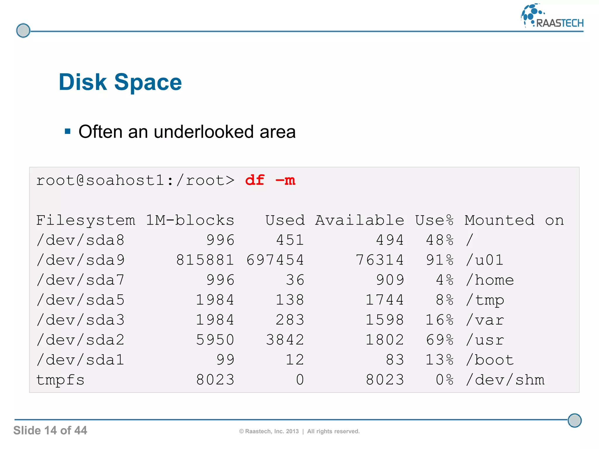 Slide 14 of 44 © Raastech, Inc. 2013 | All rights reserved.
root@soahost1:/root> df –m
Filesystem 1M-blocks Used Available Use% Mounted on
/dev/sda8 996 451 494 48% /
/dev/sda9 815881 697454 76314 91% /u01
/dev/sda7 996 36 909 4% /home
/dev/sda5 1984 138 1744 8% /tmp
/dev/sda3 1984 283 1598 16% /var
/dev/sda2 5950 3842 1802 69% /usr
/dev/sda1 99 12 83 13% /boot
tmpfs 8023 0 8023 0% /dev/shm
Disk Space
 Often an underlooked area
 