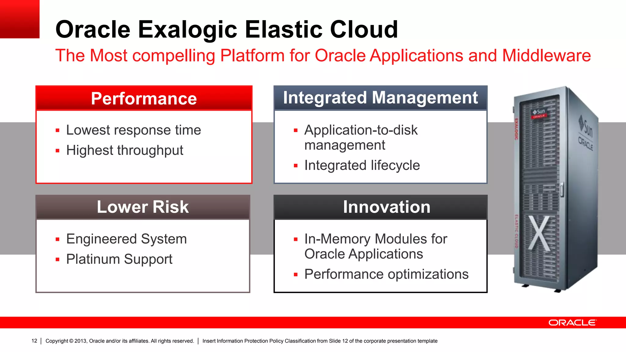 Copyright © 2013, Oracle and/or its affiliates. All rights reserved. Insert Information Protection Policy Classification from Slide 12 of the corporate presentation template12
Oracle Exalogic Elastic Cloud
The Most compelling Platform for Oracle Applications and Middleware
 Lowest response time
 Highest throughput
Performance
 Engineered System
 Platinum Support
Lower Risk
 Application-to-disk
management
 Integrated lifecycle
Integrated Management
 In-Memory Modules for
Oracle Applications
 Performance optimizations
Innovation
 