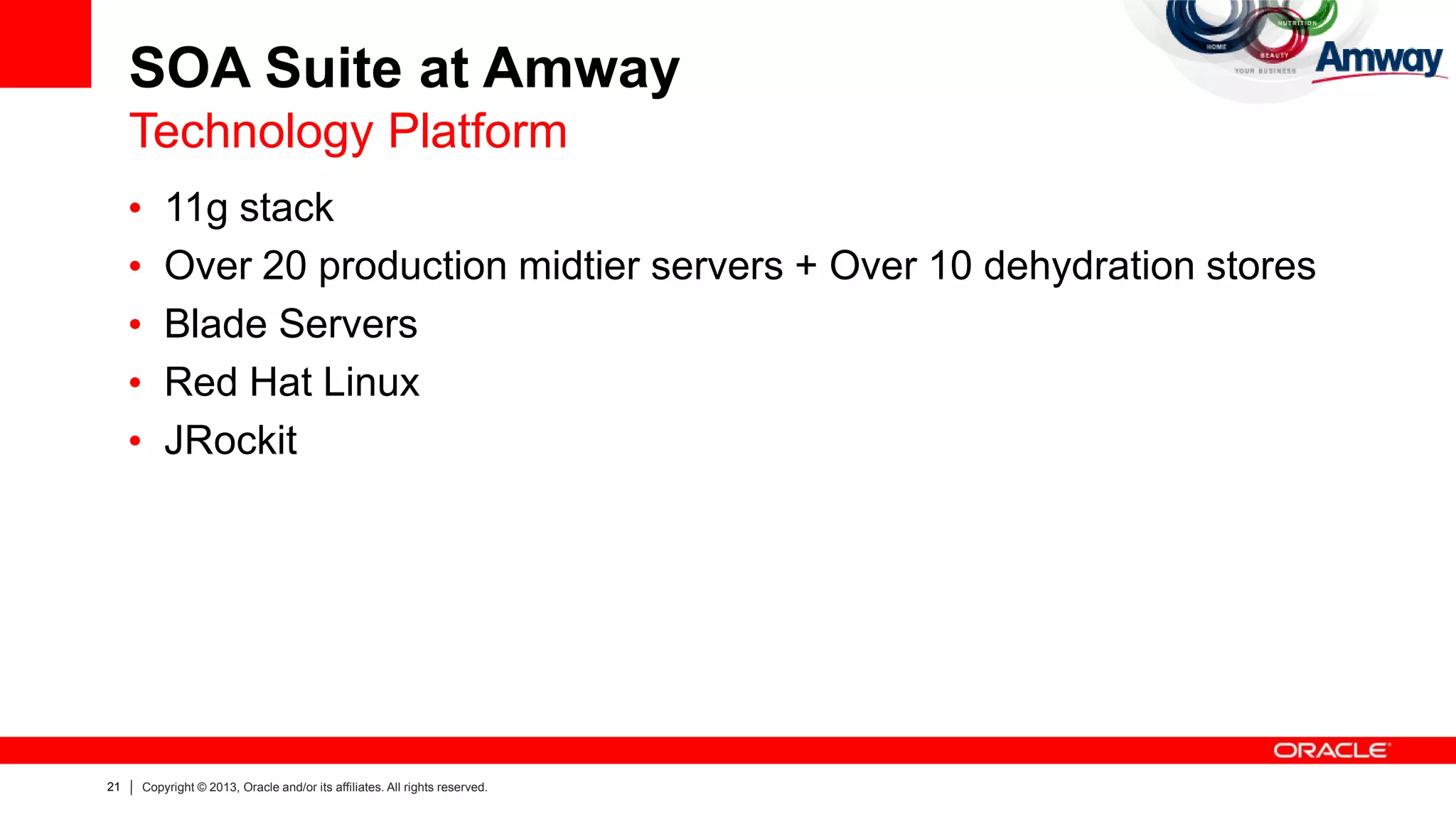 21 Copyright © 2013, Oracle and/or its affiliates. All rights reserved.
SOA Suite at Amway
Technology Platform
• 11g stack
• Over 20 production midtier servers + Over 10 dehydration stores
• Blade Servers
• Red Hat Linux
• JRockit
 