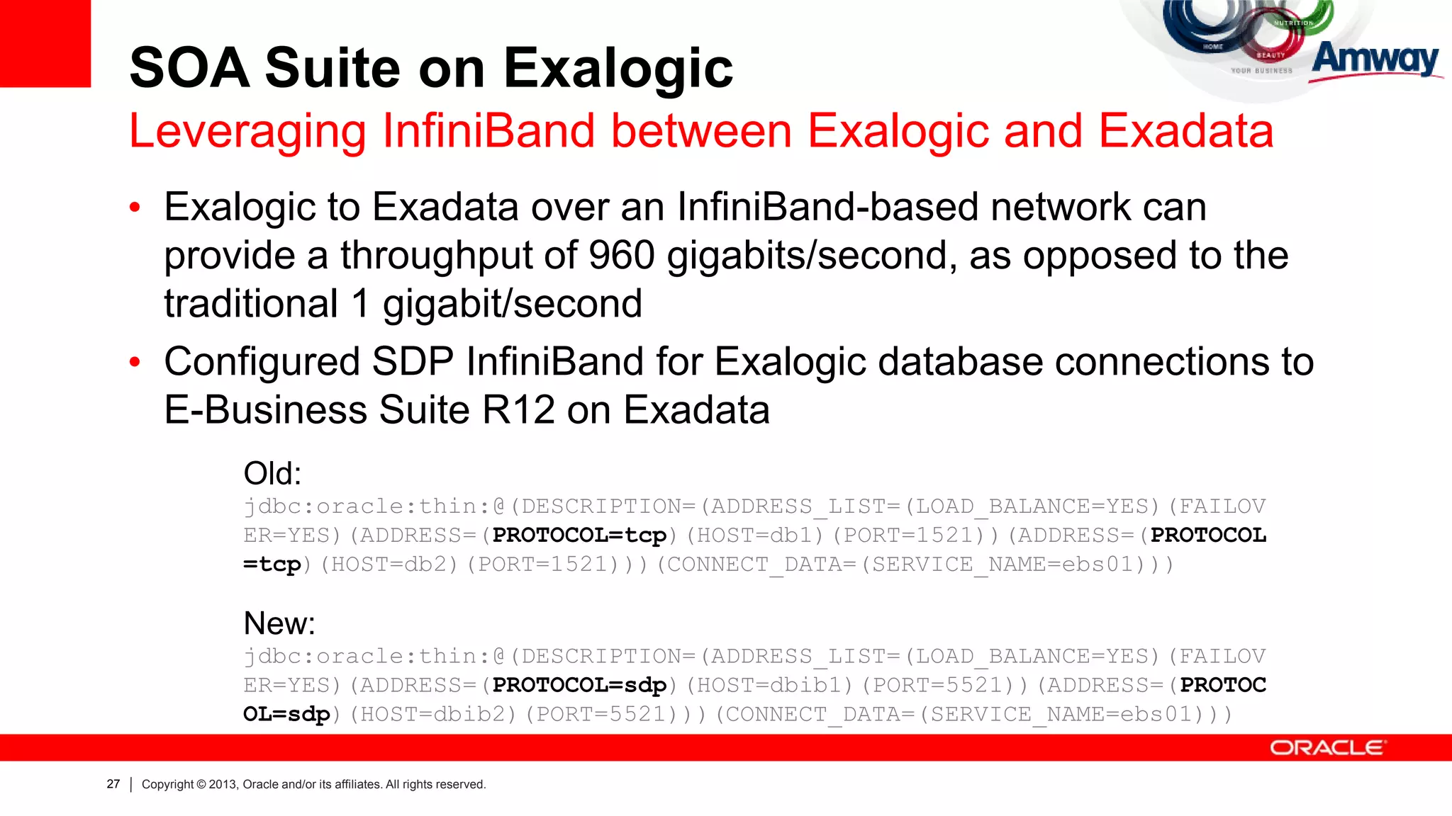 27 Copyright © 2013, Oracle and/or its affiliates. All rights reserved.
• Exalogic to Exadata over an InfiniBand-based network can
provide a throughput of 960 gigabits/second, as opposed to the
traditional 1 gigabit/second
• Configured SDP InfiniBand for Exalogic database connections to
E-Business Suite R12 on Exadata
SOA Suite on Exalogic
Leveraging InfiniBand between Exalogic and Exadata
Old:
jdbc:oracle:thin:@(DESCRIPTION=(ADDRESS_LIST=(LOAD_BALANCE=YES)(FAILOV
ER=YES)(ADDRESS=(PROTOCOL=tcp)(HOST=db1)(PORT=1521))(ADDRESS=(PROTOCOL
=tcp)(HOST=db2)(PORT=1521)))(CONNECT_DATA=(SERVICE_NAME=ebs01)))
New:
jdbc:oracle:thin:@(DESCRIPTION=(ADDRESS_LIST=(LOAD_BALANCE=YES)(FAILOV
ER=YES)(ADDRESS=(PROTOCOL=sdp)(HOST=dbib1)(PORT=5521))(ADDRESS=(PROTOC
OL=sdp)(HOST=dbib2)(PORT=5521)))(CONNECT_DATA=(SERVICE_NAME=ebs01)))
 