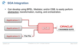 © Raastech, Inc. 2014 | All rights reserved. Slide 18 of 70raastech.com
SOA Integration
 Can develop using BPEL, Mediator, and/or OSB, to easily perform
abstraction, transformation, routing, and orchestration.
Flat File
 