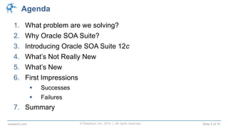 © Raastech, Inc. 2014 | All rights reserved. Slide 5 of 70raastech.com
Agenda
1. What problem are we solving?
2. Why Oracle SOA Suite?
3. Introducing Oracle SOA Suite 12c
4. What’s Not Really New
5. What’s New
6. First Impressions
 Successes
 Failures
7. Summary
 