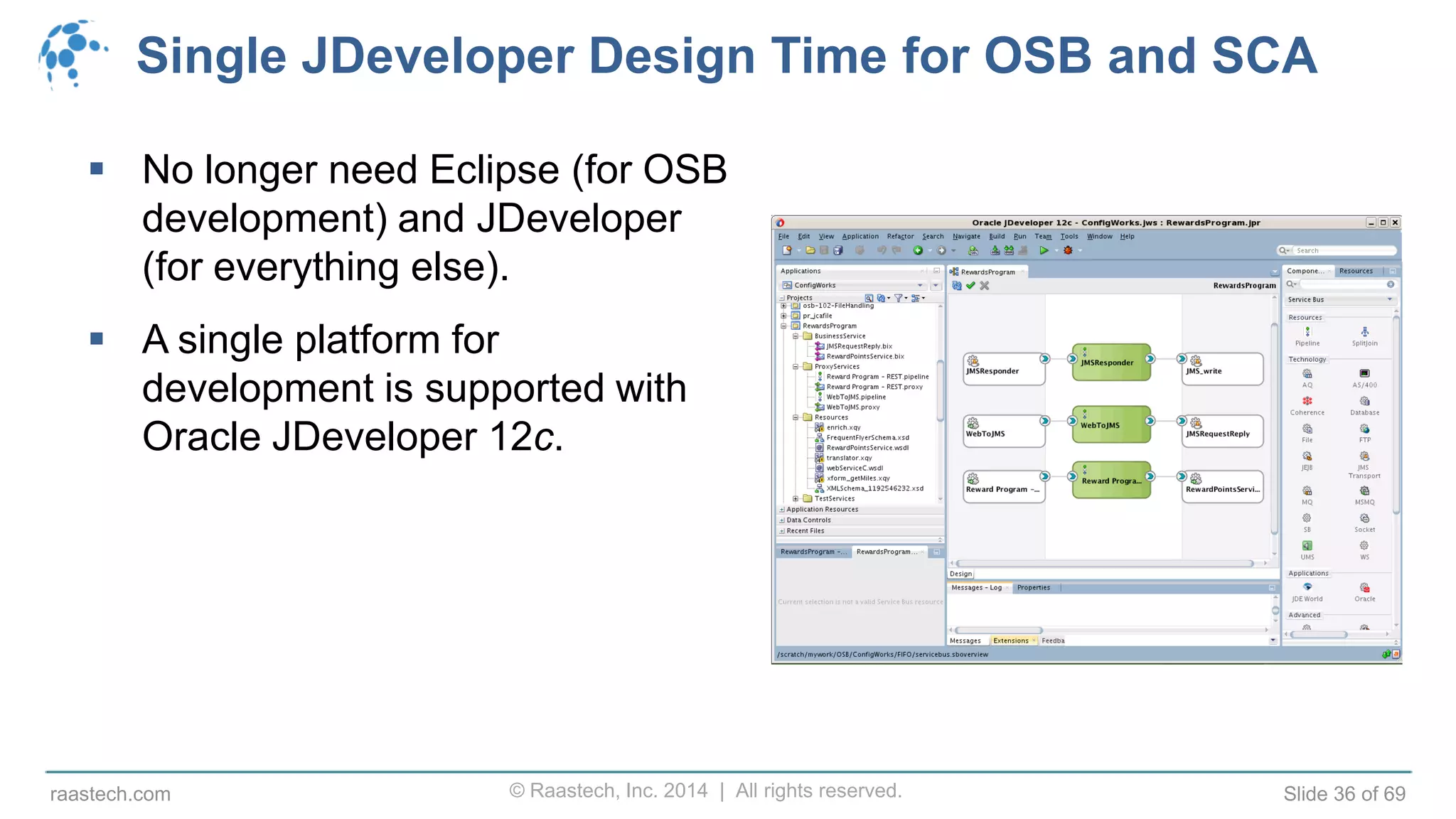 © Raastech, Inc. 2014 | All rights reserved. Slide 36 of 69raastech.com
Single JDeveloper Design Time for OSB and SCA
 No longer need Eclipse (for OSB
development) and JDeveloper
(for everything else).
 A single platform for
development is supported with
Oracle JDeveloper 12c.
 