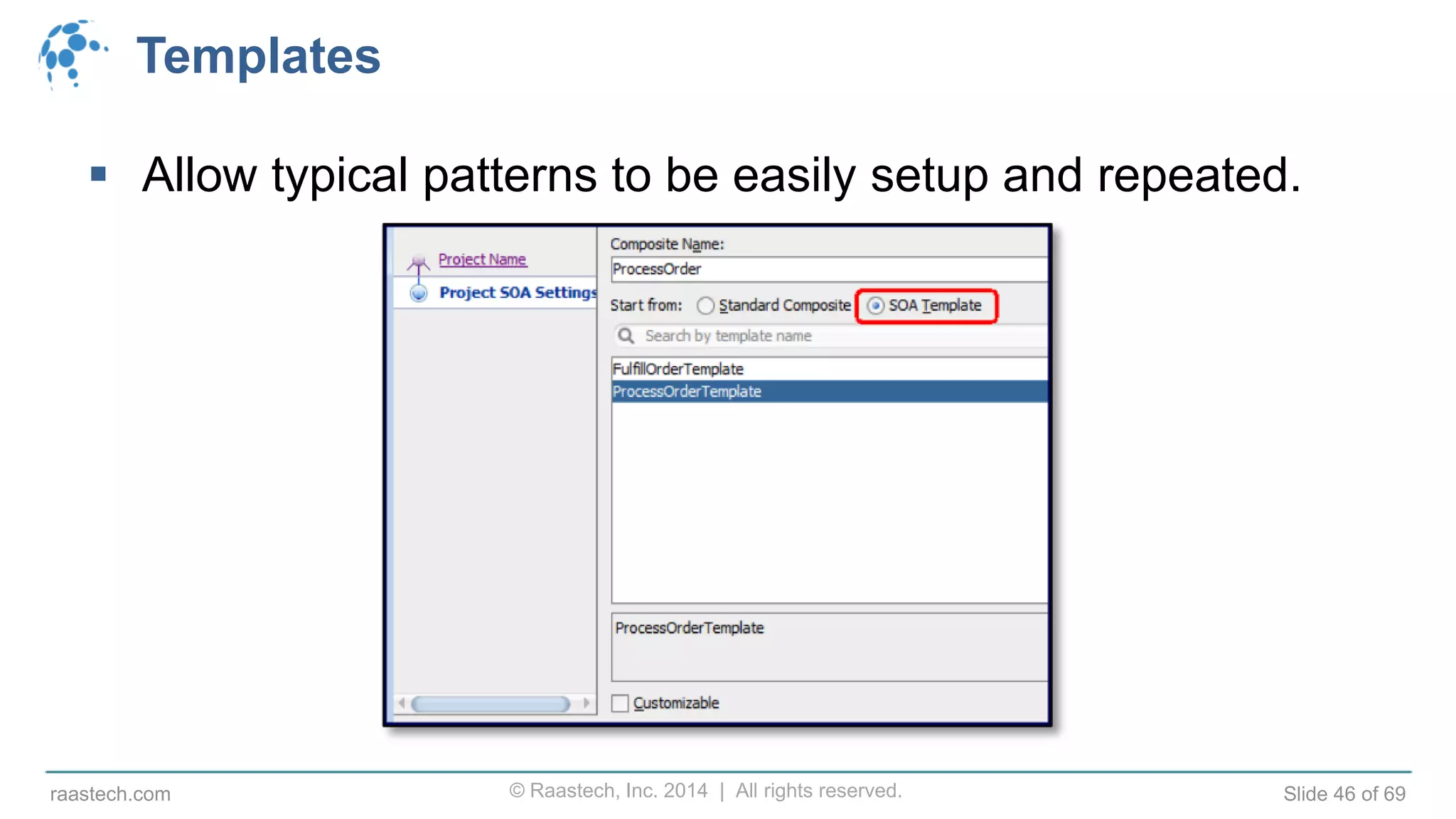 © Raastech, Inc. 2014 | All rights reserved. Slide 46 of 69raastech.com
Templates
 Allow typical patterns to be easily setup and repeated.
 