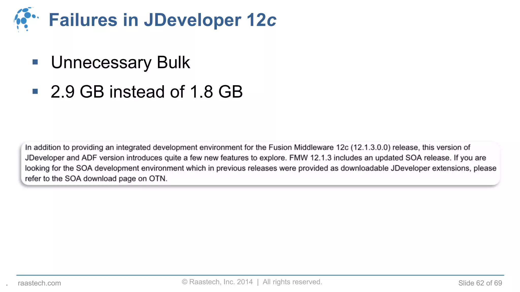© Raastech, Inc. 2014 | All rights reserved. Slide 62 of 69raastech.com
Failures in JDeveloper 12c
 Unnecessary Bulk
 2.9 GB instead of 1.8 GB
.
 