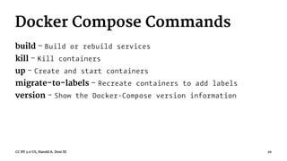 Docker Compose Commands
build - Build or rebuild services
kill - Kill containers
up - Create and start containers
migrate-to-labels - Recreate containers to add labels
version - Show the Docker-Compose version information
CC BY 3.0 US, Harold A. Dost III 20
 