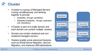 © Raastech, Inc. 2016 | All rights reserved. Slide 26 of 81@Raastech
Cluster
 A cluster is a group of Managed Servers
running simultaneously and working
together to provide:
 Scalability: through parallelism
 Reliability/Availability: through replication
and redundancy
 A Cluster is part of a single domain and
each domain can contain multiple clusters
 Domain can contain clustered and non-
clustered managed servers
 Clusters enable some advanced features,
such as Whole Server Migration, Service
Migration, and clustered JMS destinations
Machine KiwiMachine Apple
osb_cluster
soa_cluster
osb_server1
Port 8011
osb_server2
Port 8011
soa_server2
Port 8001
soa_server1
Port 8001
AdminServer
Port 7001
 