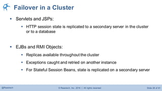 © Raastech, Inc. 2016 | All rights reserved. Slide 28 of 81@Raastech
Failover in a Cluster
 Servlets and JSPs:
 HTTP session state is replicated to a secondary server in the cluster
or to a database
 EJBs and RMI Objects:
 Replicas available throughout the cluster
 Exceptions caught and retried on another instance
 For Stateful Session Beans, state is replicated on a secondary server
 