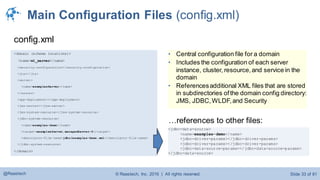 © Raastech, Inc. 2016 | All rights reserved. Slide 33 of 81@Raastech
Main Configuration Files (config.xml)
<domain (schema locations)>
<name>wl_server</name>
<security-configuration></security-configuration>
<jta></jta>
<server>
<name>examplesServer</name>
</server>
<app-deployment></app-deployment>
<jms-server></jms-server>
<jms-system-resource></jms-system-resource>
<jdbc-system-resource>
<name>examples-demo</name>
<target>examplesServer,managedServer-0</target>
<descriptor-file-name>jdbc/examples-demo.xml</descriptor-file-name>
</jdbc-system-resource>
</domain>
config.xml
<jdbc-data-source>
<name>examples-demo</name>
<jdbc-driver-params></jdbc-driver-params>
<jdbc-driver-params></jdbc-driver-params>
<jdbc-data-source-params></jdbc-data-source-params>
</jdbc-data-source>
…references to other files:
• Central configuration file for a domain
• Includes the configuration of each server
instance, cluster, resource,and service in the
domain
• Referencesadditional XML files that are stored
in subdirectories ofthe domain config directory:
JMS, JDBC,WLDF,and Security
 