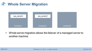 © Raastech, Inc. 2016 | All rights reserved. Slide 63 of 81@Raastech
Whole Server Migration
UnixDev1
soa_server1
UnixDev2
soa_server2
 Whole server migration allows the failover of a managed server to
another machine
UnixDev3
 