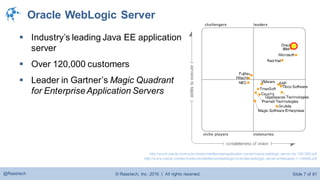 © Raastech, Inc. 2016 | All rights reserved. Slide 7 of 81@Raastech
Oracle WebLogic Server
 Industry’s leading Java EE application
server
 Over 120,000 customers
 Leader in Gartner’s Magic Quadrant
for EnterpriseApplication Servers
http://www.oracle.com/us/products/middleware/application-server/oracle-weblogic-server-ds-1391360.pdf
http://www.oracle.com/technetwork/middleware/weblogic/overview/weblogic-server-whitepaper-1-134488.pdf
 