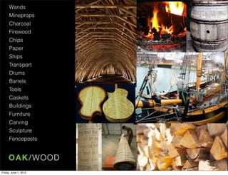 Wands
      Mineprops
      Charcoal
      Firewood
      Chips
      Paper
      Ships
      Transport
      Drums
      Barrels
      Tools
      Caskets
      Buildings
      Furniture
      Carving
      Sculpture
      Fenceposts


     OA K/WO O D
Friday, June 1, 2012
 