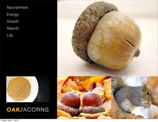 Nourishment
      Energy
      Growth
      Rebirth
      Life




      O A K/ACO R NS
Friday, June 1, 2012
 