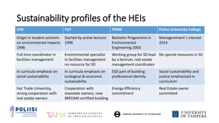 Sustainability profiles of the HEIs
UTA TUT TAMK Police University College
Origin in student activism
on environmental impacts
1996
Started by active lecturer
1996
Bachelor Programme in
Environmental
Engineering 2003
Managemment´s interest
2014
Full time coordinator in
facilities management
Environmental specialist
in facilities management
no resource for SD
Working group for SD lead
by a lectruer, real estate
management coordinates
No special resources in SD
In curricula emphasis on
social sustainability
In curricula emphasis on
ecological & economic
sustainability
ESD part of building
professional identity
Social sustainability and
justice emphasised in
curriculum
Fair Trade University,
strong cooperation with
real estate owners
Cooperation with
reaestate owners, new
BREEAM certified building
Energy-Efficiency
commitment
Real Estate owner
committed
 