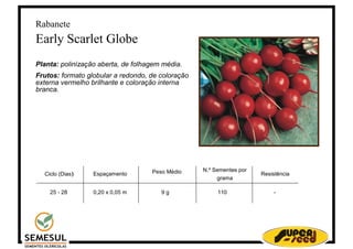 Rabanete
Early Scarlet Globe
Planta: polinização aberta, de folhagem média.
Frutos: formato globular a redondo, de coloração
externa vermelho brilhante e coloração interna
branca.




                                    Peso Médio     N.º Sementes por
  Ciclo (Dias)    Espaçamento                                         Resistência
                                                        grama

    25 - 28       0,20 x 0,05 m        9g               110               -
 
