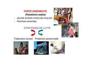 FORTE ENDEMICITE
(Paludisme stable)
- Jeunes enfants moins de cinq ans
- Femmes enceintes
STRATEGIES DE LUTTE
Traitement correct Protection personnelle
 