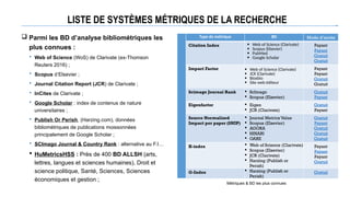 LISTE DE SYSTÈMES MÉTRIQUES DE LA RECHERCHE
 Parmi les BD d’analyse bibliométriques les
plus connues :
 Web of Science (WoS) de Clarivate (ex-Thomson
Reuters 2016) ;
 Scopus d’Elsevier ;
 Journal Citation Report (JCR) de Clarivate ;
 InCites de Clarivate ;
 Google Scholar : index de contenus de nature
universitaires ;
 Publish Or Perish, (Harzing.com), données
bibliométriques de publications moissonnées
principalement de Google Scholar ;
 SCImago Journal & Country Rank : alternative au F.I…
 HuMetricsHSS : Près de 400 BD ALLSH (arts,
lettres, langues et sciences humaines), Droit et
science politique, Santé, Sciences, Sciences
économiques et gestion ;
Type de métrique BD Mode d’accès
Citation Index  Web of Science (Clarivate)
 Scopus (Elsevier)
 PubMed
 Google Scholar
Payant
Payant
Gratuit
Gratuit
Impact Factor  Web of Science (Clarivate)
 JCR (Clarivate)
 Bioxbio
 Site web éditeur
Payant
Payant
Gratuit
Gratuit
Scimago Journal Rank  ScImago
 Scopus (Elsevier)
Gratuit
Payant
Eigenfactor  Eigen
 JCR (Clarivate)
Gratuit
Payant
Source Normalized
Impact per paper (SNIP)
 Journal Metrics Value
 Scopus (Elsevier)
 AGORA
 HINARI
 OARE
Gratuit
Payant
Gratuit
Gratuit
Gratuit
H-index  Web of Science (Clarivate)
 Scopus (Elsevier)
 JCR (Clarivate)
 Harzing (Publish or
Perish)
Payant
Payant
Payant
Gratuit
G-Index  Harzing (Publish or
Perish)
Gratuit
Métriques & BD les plus connues
 
