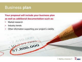 Starting a business
Business plan
Your proposal will include your business plan
as well as additional documentation such as:
> Market research
> Industry trends
> Other information supporting your project’s viability
 