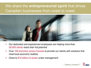 Starting a business
We share the entrepreneurial spirit that drives
Canadian businesses from coast to coast
> Our dedicated and experienced employees are helping more than
28,000 clients reach their full potential
> Over 100 branches across Canada to provide our clients with solutions that
meet local economic realities
> Close to $10 billion of assets under management
 