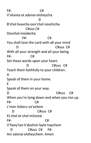 V’ahavta'
'
•  F#)'''''''''''''''''''''''''''''''''C#'
•  V’ahavta'et'adonai'eloheycha'
•  '''''''''''''''''''''''''''''''''''''D'
•  B’chol'livavcha'oov’chol'novshicha'
•  ''''''''''''''''''''''C#sus'C#'
•  Oovchol'miodecha.'
•  ''''''''''''''''''F#)''''''''''''''''''''''''C#'
•  You'shall'love'the'Lord'with'all'your'mind'
•  '''''''''''D'''''''''''''''''''''''''''''''''''''''''''C#sus''C#'
•  With'all'your'strength'and'all'your'being.'
•  F#)''''''''''''''''''''''C#'
•  Set'these'words'upon'your'heart.'
•  '''''''''''''''''''''''D'''''''''''''''''''''''''''C#sus'''C#'
•  Teach'them'faithfully'to'your'children.'
•  A'
•  Speak'of'them'in'your'home.'
•  E'
•  Speak'of'them'on'your'way.'
•  D'''''''''''''''''''''''''''''''''''''''''''''''''''''''C#sus'''''C#'
•  When'you’re'lying'down'and'when'you'rise'up.'
•  F#)'''''''''''''''''''''''''''C#'
•  L’man'Nzkeru'va’asitem'
•  ''''''D'''''''''''''''''''''''''''C#sus''C#'
•  Et'chol'et'chol'mitzotai'
•  F#)'''''''''''''''''''''''''''''''''''''''C#'
•  V’heey’tan'k’doshim'laylo'haychem'
•  ''''D''''''''''''''''''C#sus''C#''''''F#)'
•  Ani'adonai'eloheychem.'Amen'
 