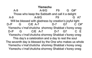 Yismechu
A-9 A-9/G F9 G G#*
Those who keep the Sabbath and call it a delight
A-9 A-9/G F9 G A7
Will be blessed with gladness by creation’s joyful light
D-/F G C/E A-7 D-7 G7 C C#*
Yismechu v’mal’chuticha shomrey Shabbat v’korey oneg
D-/F G C/E A-7 D-7 G7 C E
Yismechu v’mal’chuticha shomrey Shabbat v’korey oneg
This day’s a celebration and a day to rest the soul
The seventh day is blessed by the One who makes us whole
Yismechu v’mal’chuticha shomrey Shabbat v’korey oneg
Yismechu v’mal’chuticha shomrey Shabbat v’korey oneg
 