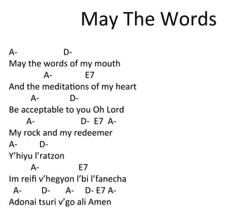 May'The'Words'
•  A)'''''''''''''''''''''D)'
•  May'the'words'of'my'mouth'
•  ''''''''''''''''A)'''''''''''''''E7''''''
•  And'the'meditaNons'of'my'heart'
•  ''''''''''A)''''''''''''''D)'
•  Be'acceptable'to'you'Oh'Lord'
•  ''''''''A)'''''''''''''''''''''D)''E7''A)'
•  My'rock'and'my'redeemer'
•  A)''''''''''D)'
•  Y’hiyu'l’ratzon'
•  ''''''''''A)''''''''''''''''''E7'
•  Im'reiﬁ'v’hegyon'l’bi'l’fanecha'
•  ''A)'''''''''D)'''''''A)'''''D)'E7'A)'
•  Adonai'tsuri'v’go'ali'Amen'
 