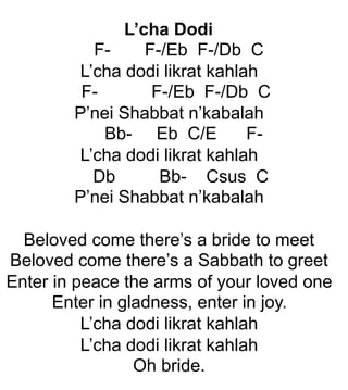 L’cha Dodi
F- F-/Eb F-/Db C
L’cha dodi likrat kahlah
F- F-/Eb F-/Db C
P’nei Shabbat n’kabalah
Bb- Eb C/E F-
L’cha dodi likrat kahlah
Db Bb- Csus C
P’nei Shabbat n’kabalah
Beloved come there’s a bride to meet
Beloved come there’s a Sabbath to greet
Enter in peace the arms of your loved one
Enter in gladness, enter in joy.
L’cha dodi likrat kahlah
L’cha dodi likrat kahlah
Oh bride.
 