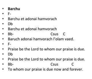 Barchu'
'
•  Barchu'
•  F)'
•  Barchu'et'adonai'hamvorach'
•  Db'
•  Barchu'et'adonai'hamvorach'
•  Bb)'''''''''''''''''''''''''''''''''''''''Csus'''''C'
•  Baruch'adonai'hamvorach'l’olam'vaed.'
•  F)'
•  Praise'be'the'Lord'to'whom'our'praise'is'due.'
•  Db'
•  Praise'be'the'Lord'to'whom'our'praise'is'due.'
•  Bb)'''''''''''''''''''''''''''''''''''''''Csus''''''''''''''C'
•  To'whom'our'praise'is'due'now'and'forever.'
 
