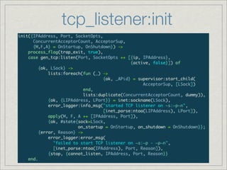 simple_one_for_one
one_for_one             supervisor:append_child
        ChildSpec

ListenSocket    start_child



supervisor:start_child(tcp_acceptor_sup, [LSock])

  module, function, [Arg1, Arg2] ++ [LSock]
 