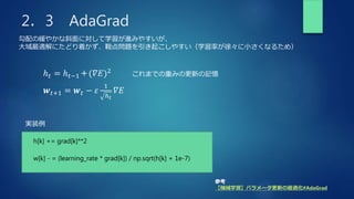 2．3 AdaGrad
ℎ𝑡 = ℎ𝑡−1＋(𝛻𝐸)2
勾配の緩やかな斜面に対して学習が進みやすいが、
大域最適解にたどり着かず、鞍点問題を引き起こしやすい（学習率が徐々に小さくなるため）
𝒘𝑡+1 = 𝒘𝑡 − 𝜀
1
ℎ𝑡
𝛻𝐸
参考
【機械学習】パラメータ更新の最適化#AdaGrad
これまでの重みの更新の記憶
h[k] += grad[k]**2
実装例
w[k] - = (learning_rate * grad[k]) / np.sqrt(h[k] + 1e-7)
 