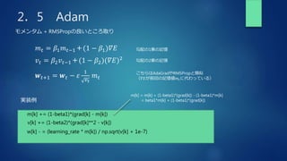 2．5 Adam
𝑚𝑡 = 𝛽1𝑚𝑡−1＋(1 − 𝛽1)𝛻𝐸
モメンタム + RMSPropの良いところ取り
𝒘𝑡+1 = 𝒘𝑡 − 𝜀
1
𝑣𝑡
𝑚𝑡
勾配の1乗の記憶
m[k] += (1-beta1)*(grad[k] - m[k])
実装例
w[k] - = (learning_rate * m[k]) / np.sqrt(v[k] + 1e-7)
こちらはAdaGradやRMSPropと類似
（𝛻𝐸が前回の記憶値𝑚𝑡に代わっている）
𝑣𝑡 = 𝛽2𝑣𝑡−1＋(1 − 𝛽2)(𝛻𝐸)2 勾配の2乗の記憶
m[k] = m[k] + (1-beta1)*(grad[k]) - (1-beta1)*m[k]
= beta1*m[k] + (1-beta1)*(grad[k])
v[k] += (1-beta2)*(grad[k]**2 - v[k])
 