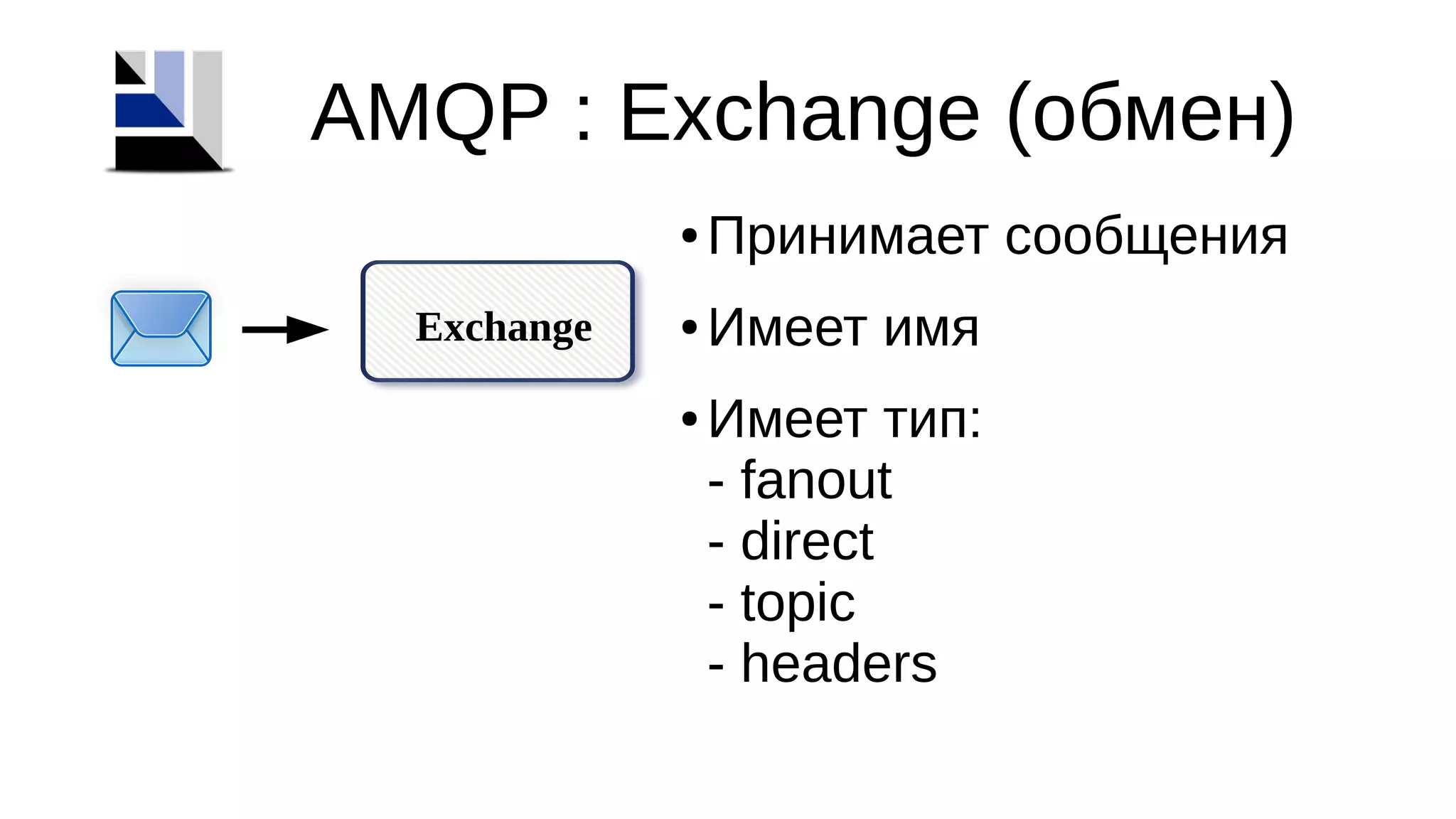 Exchange
● Принимает сообщения
● Имеет имя
● Имеет тип:
- fanout
- direct
- topic
- headers
AMQP : Exchange (обмен)
 