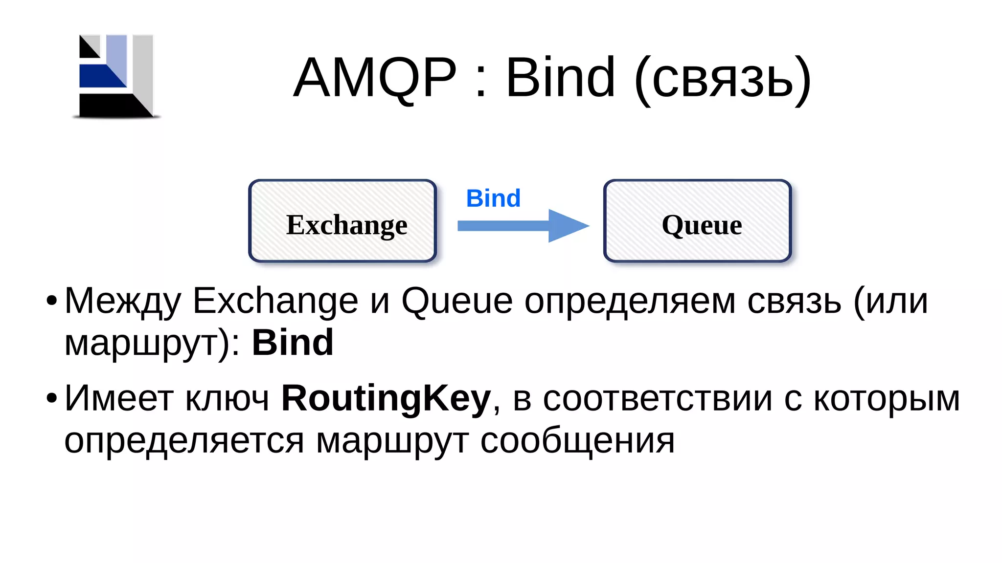 AMQP : Bind (связь)
● Между Exchange и Queue определяем связь (или
маршрут): Bind
● Имеет ключ RoutingKey, в соответствии с которым
определяется маршрут сообщения
QueueExchange
Bind
 