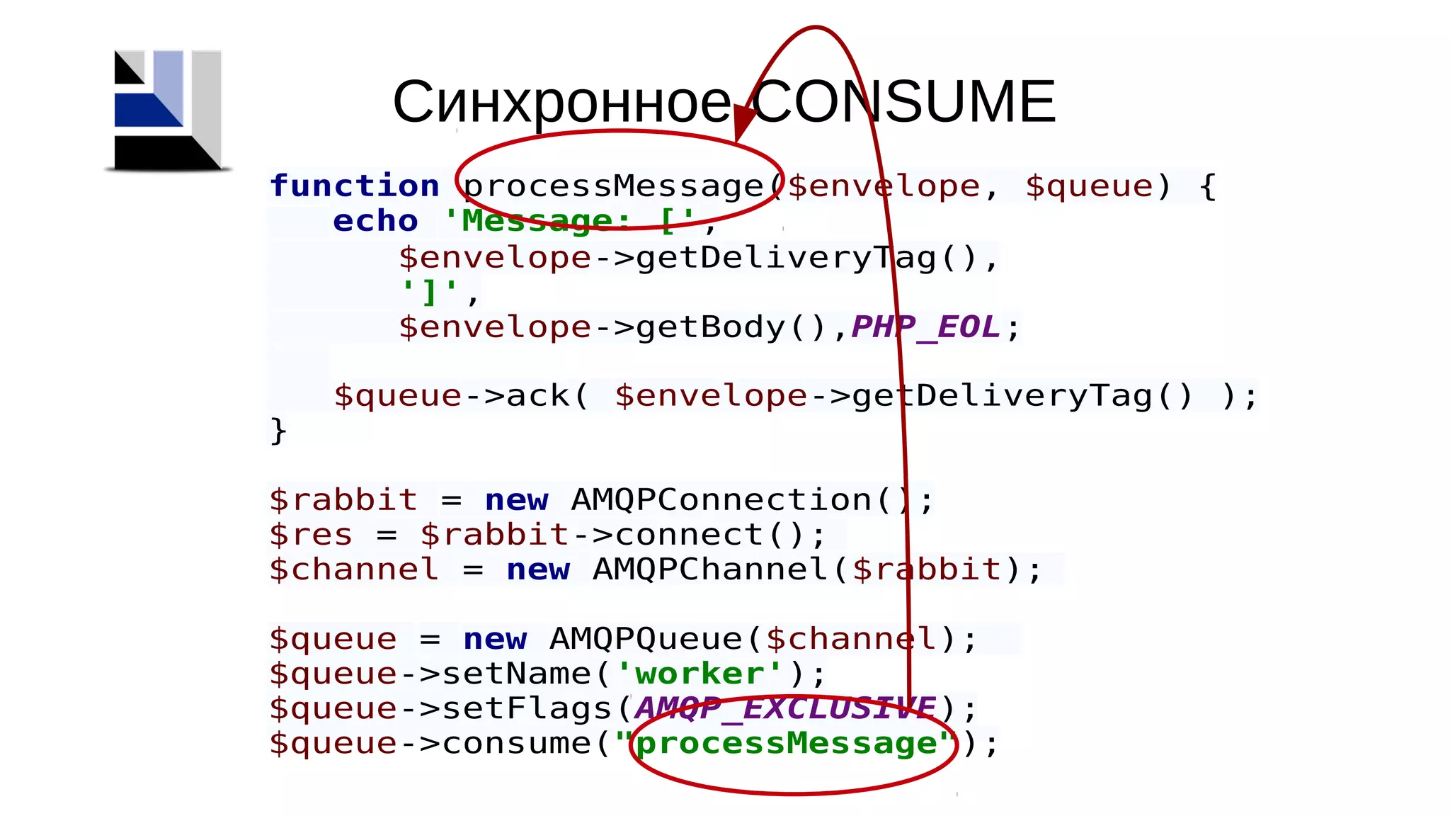 function processMessage($envelope, $queue) {
echo 'Message: [',
$envelope->getDeliveryTag(),
']',
$envelope->getBody(),PHP_EOL;
$queue->ack( $envelope->getDeliveryTag() );
}
$rabbit = new AMQPConnection();
$res = $rabbit->connect();
$channel = new AMQPChannel($rabbit);
$queue = new AMQPQueue($channel);
$queue->setName('worker');
$queue->setFlags(AMQP_EXCLUSIVE);
$queue->consume("processMessage");
Синхронное CONSUME
 
