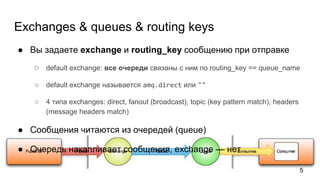 Exchanges & queues & routing keys
● Вы задаете exchange и routing_key сообщению при отправке
○ default exchange: все очере...