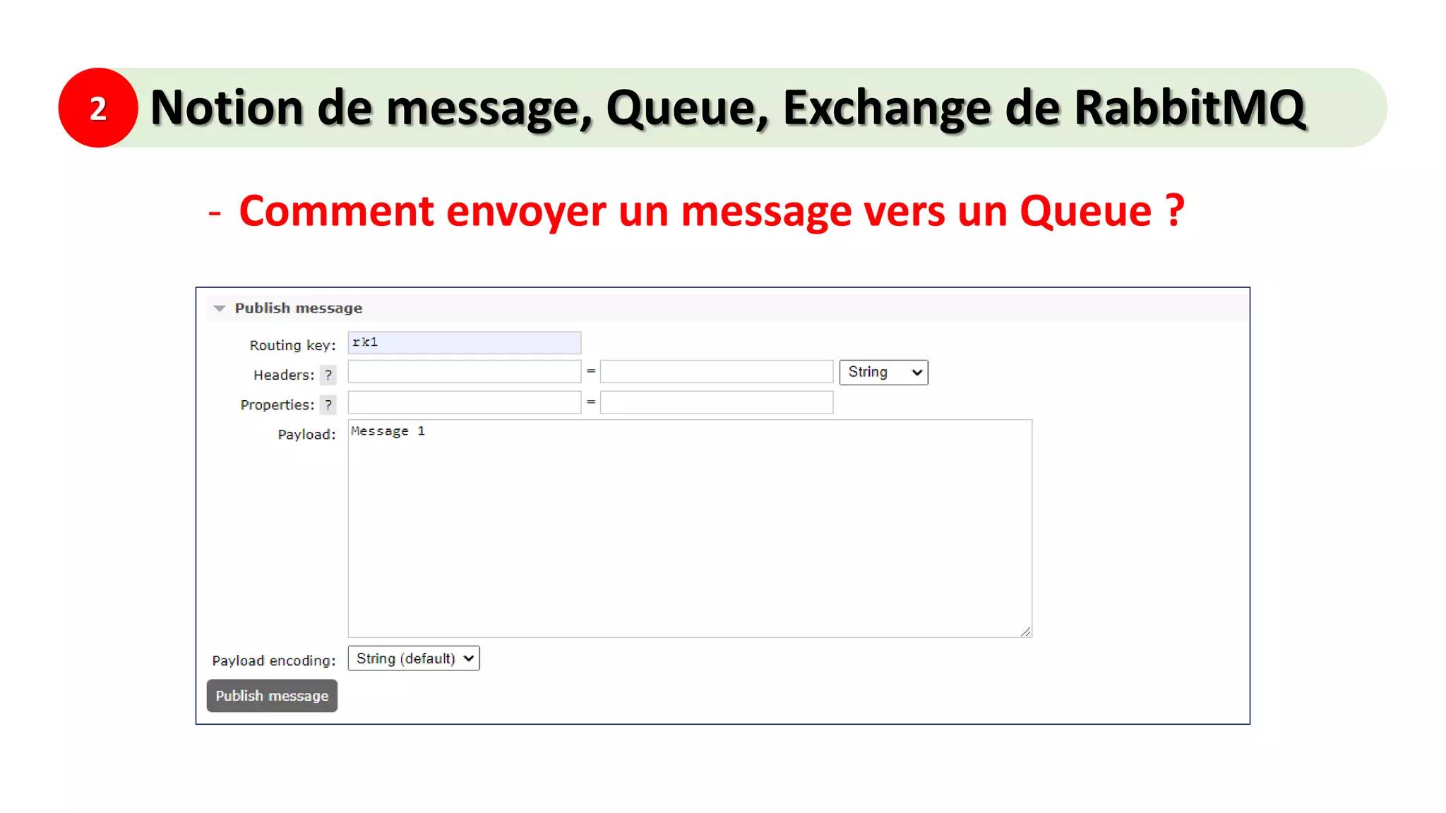 2 Notion de message, Queue, Exchange de RabbitMQ
- Comment envoyer un message vers un Queue ?
 