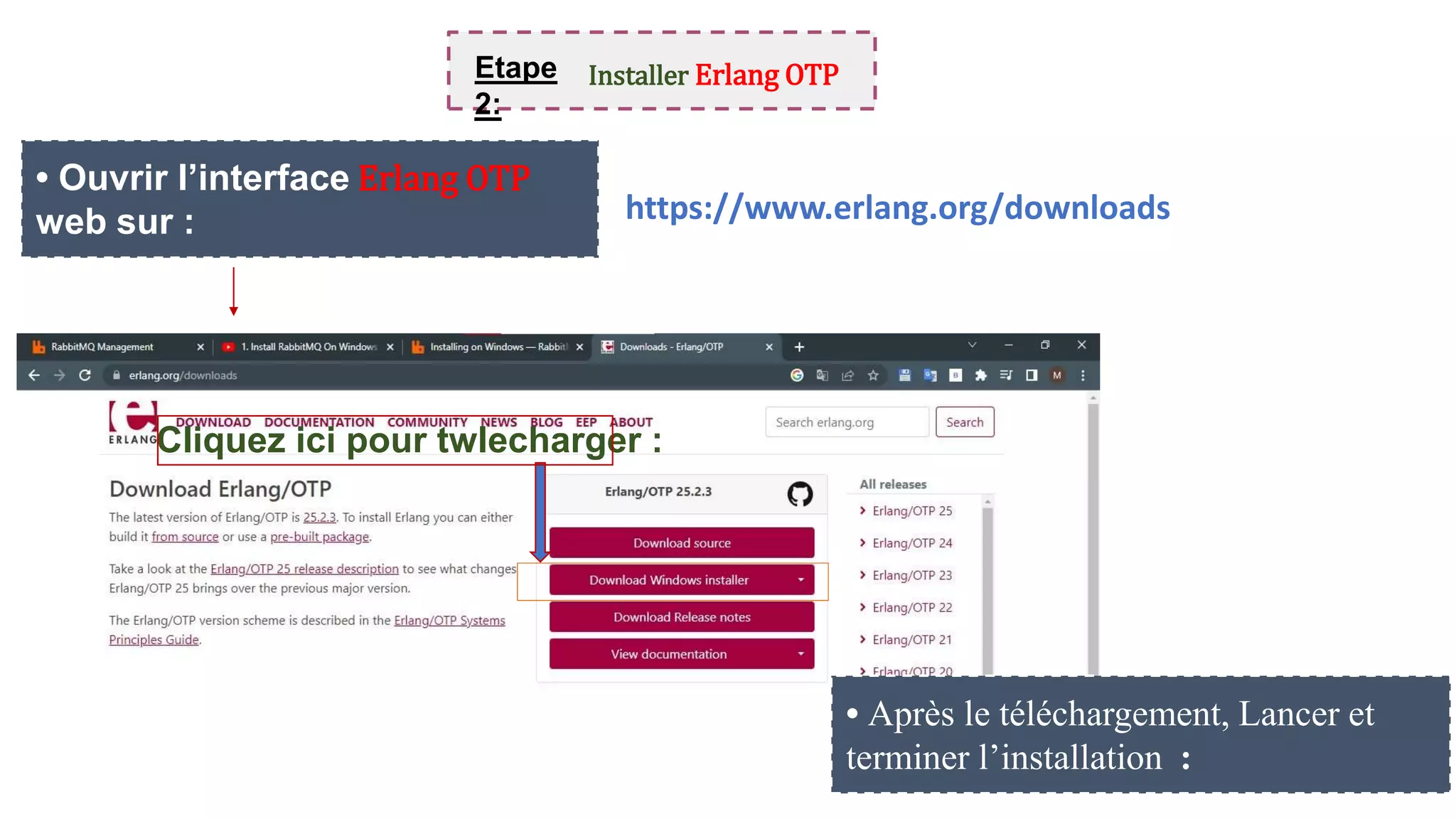 Etape
2:
Installer Erlang OTP
• Ouvrir l’interface Erlang OTP
web sur : https://www.erlang.org/downloads
Cliquez ici pour twlecharger :
• Après le téléchargement, Lancer et
terminer l’installation :
 