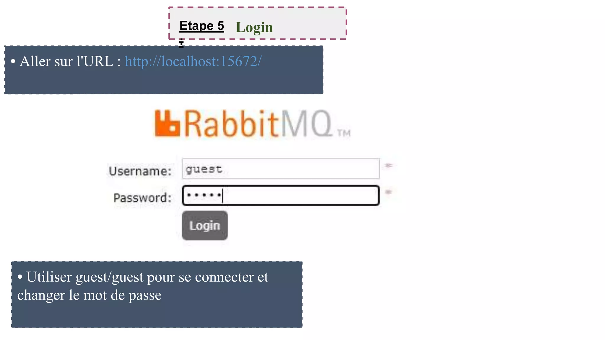 • Aller sur l'URL : http://localhost:15672/
Installer Java 11+
Etape 2
:
Etape 5
:
Login
• Utiliser guest/guest pour se connecter et
changer le mot de passe
 