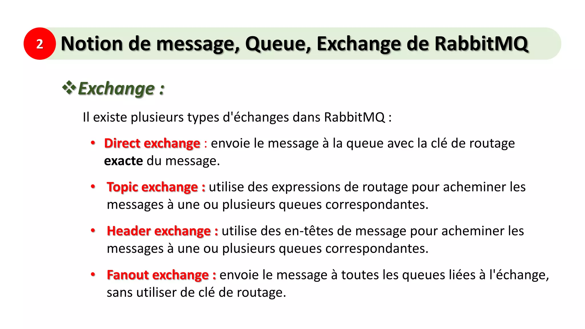 2 Notion de message, Queue, Exchange de RabbitMQ
Exchange :
Il existe plusieurs types d'échanges dans RabbitMQ :
• Direct exchange : envoie le message à la queue avec la clé de routage
exacte du message.
• Topic exchange : utilise des expressions de routage pour acheminer les
messages à une ou plusieurs queues correspondantes.
• Header exchange : utilise des en-têtes de message pour acheminer les
messages à une ou plusieurs queues correspondantes.
• Fanout exchange : envoie le message à toutes les queues liées à l'échange,
sans utiliser de clé de routage.
 