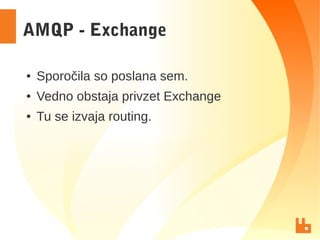 AMQP - Exchange
● Sporočila so poslana sem.
● Vedno obstaja privzet Exchange
● Tu se izvaja routing.
 